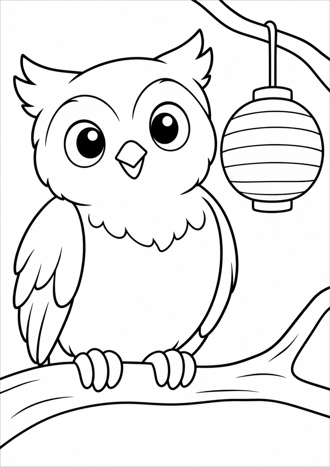 De uil met de lampion — zwart-wit kleurplaat