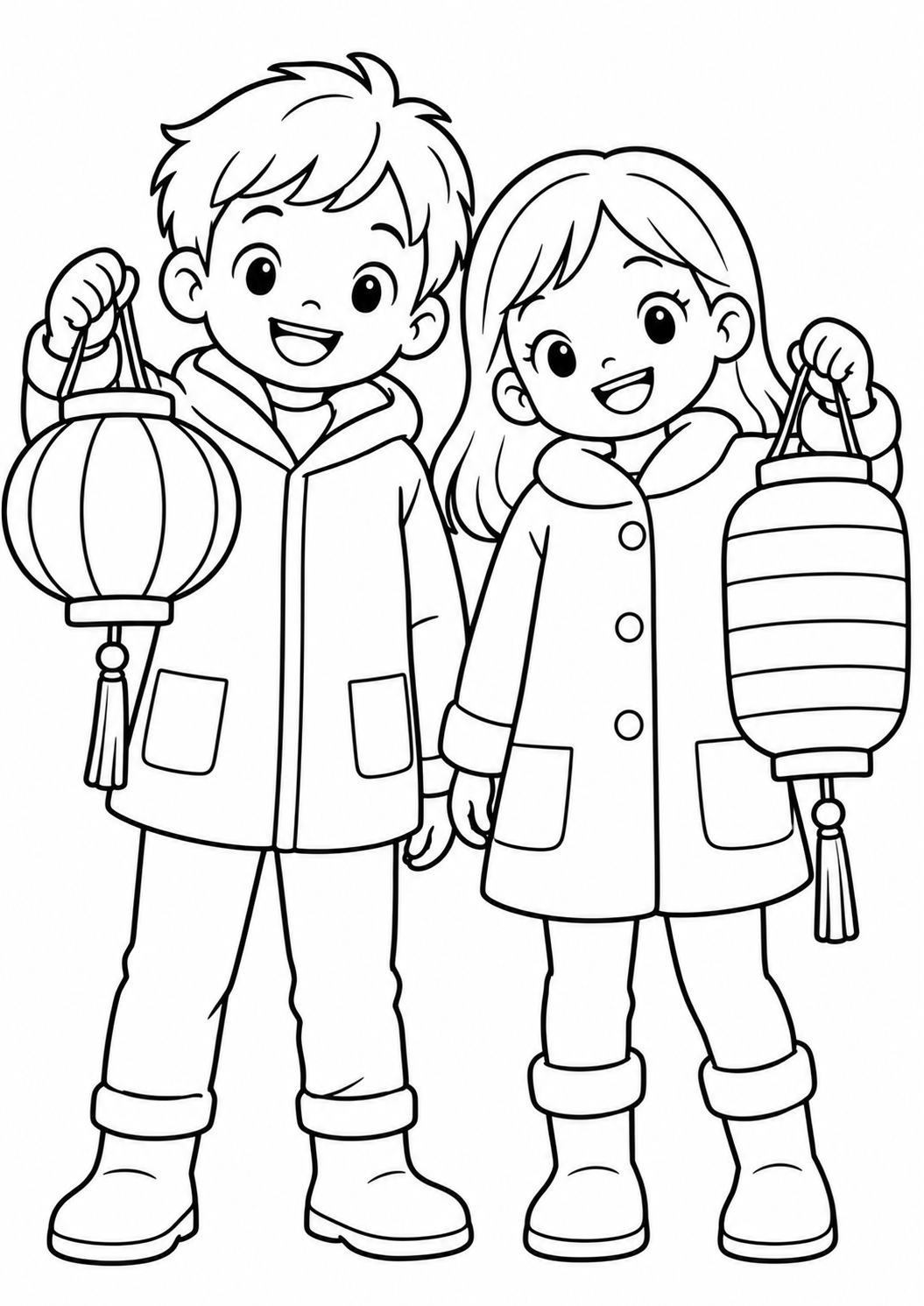 Twee lampionvriendjes — zwart-wit kleurplaat
