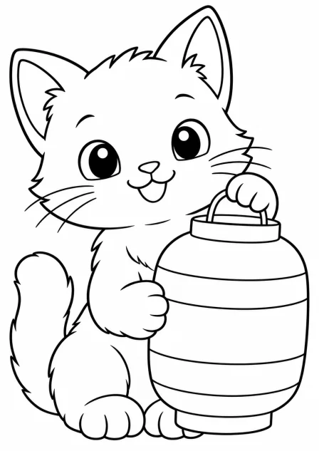 De kat met de lampion — kleurplaat om te printen