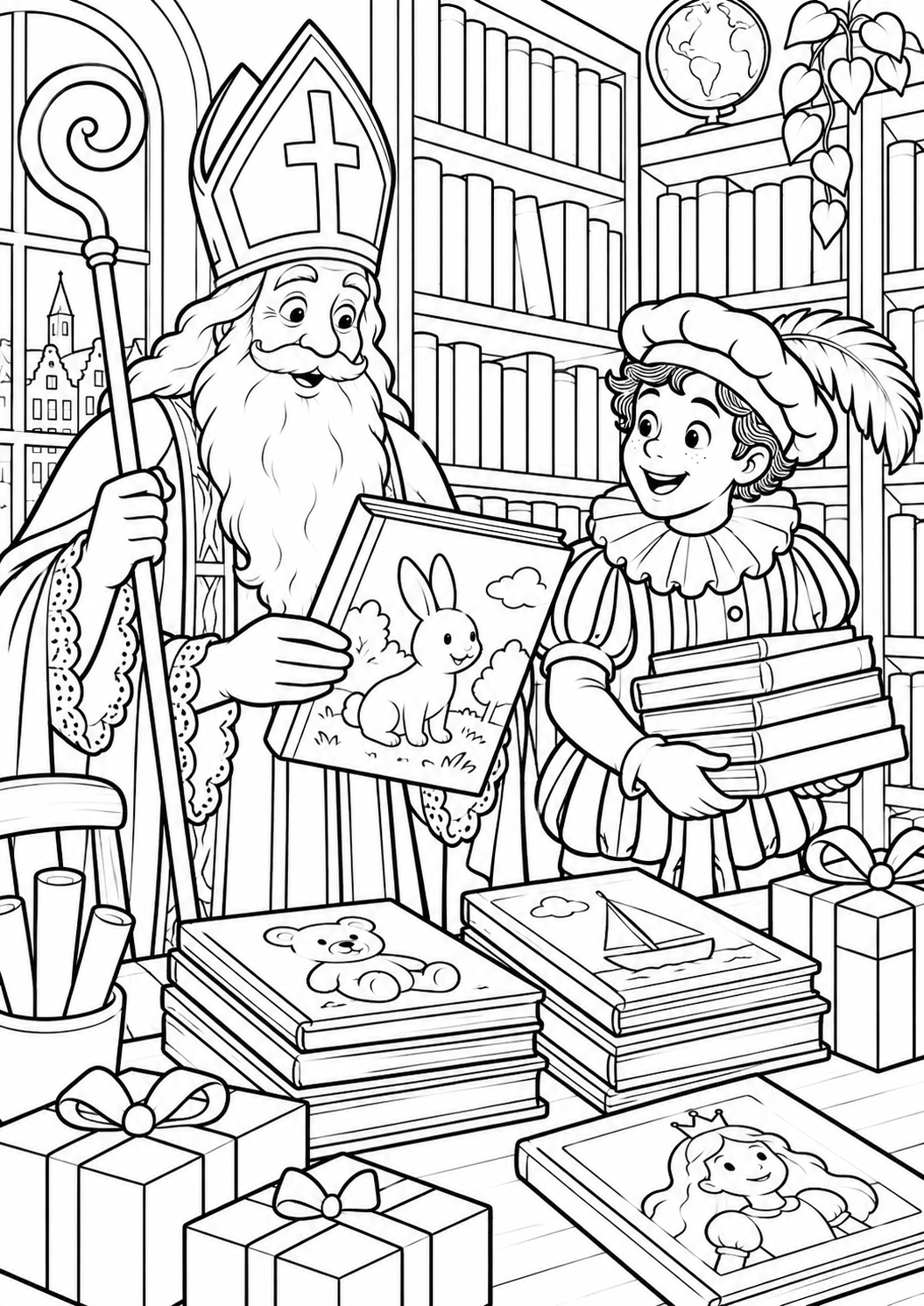 De pakjesbibliotheek — zwart-wit kleurplaat