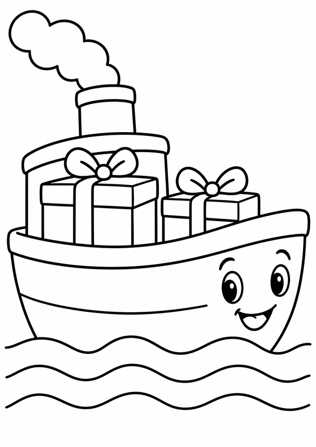 Een bootje met pakjes — zwart-wit kleurplaat