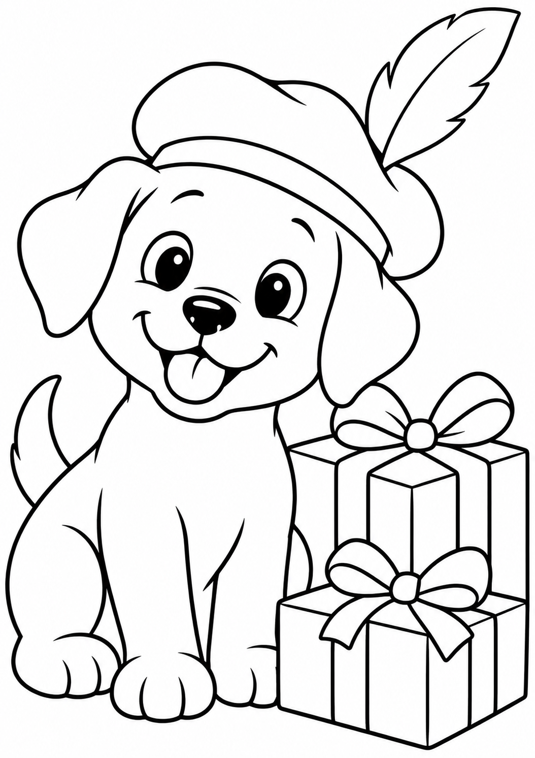 Het hondje bij de cadeaus — zwart-wit kleurplaat