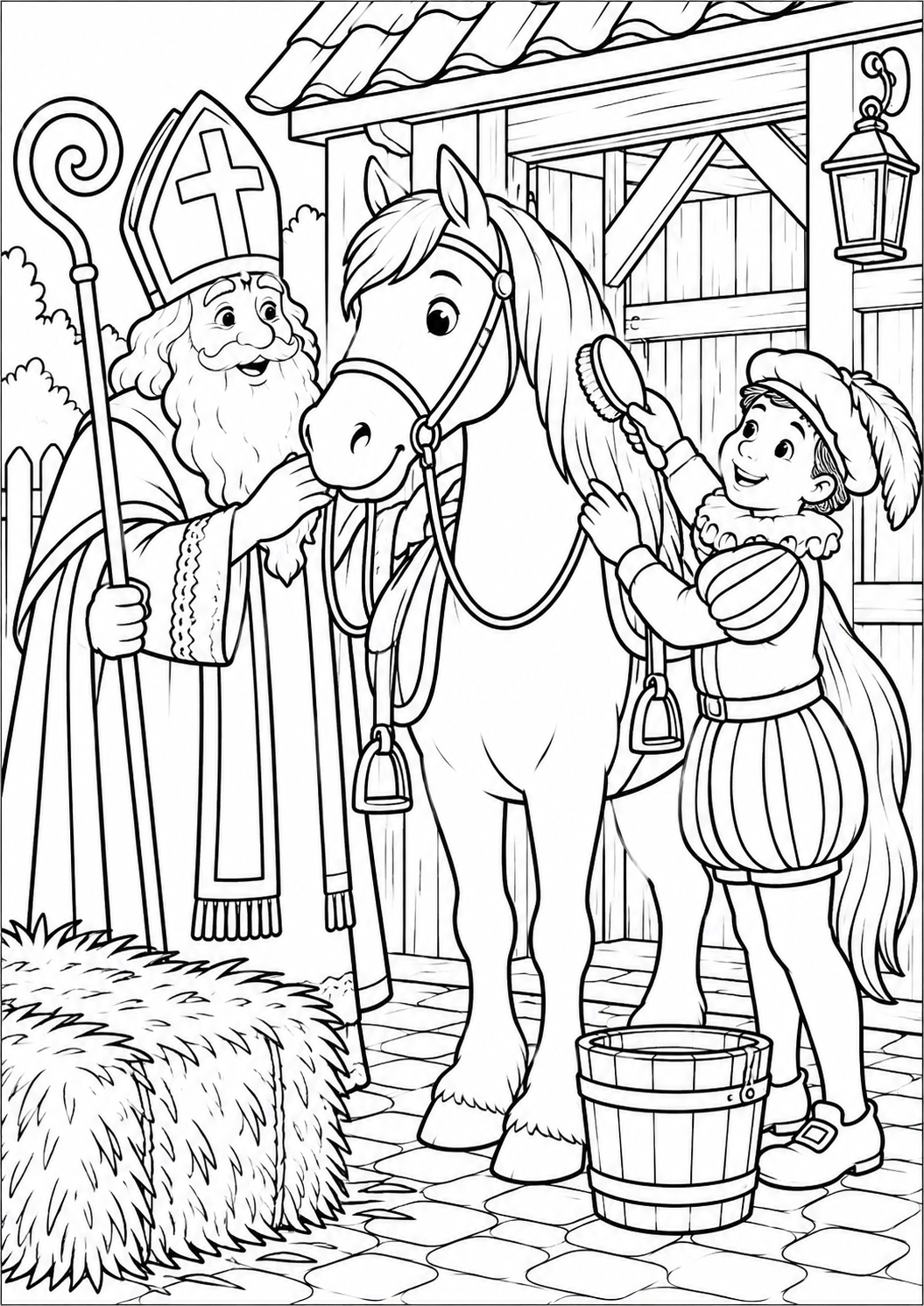 Het paard voor de stal — zwart-wit kleurplaat