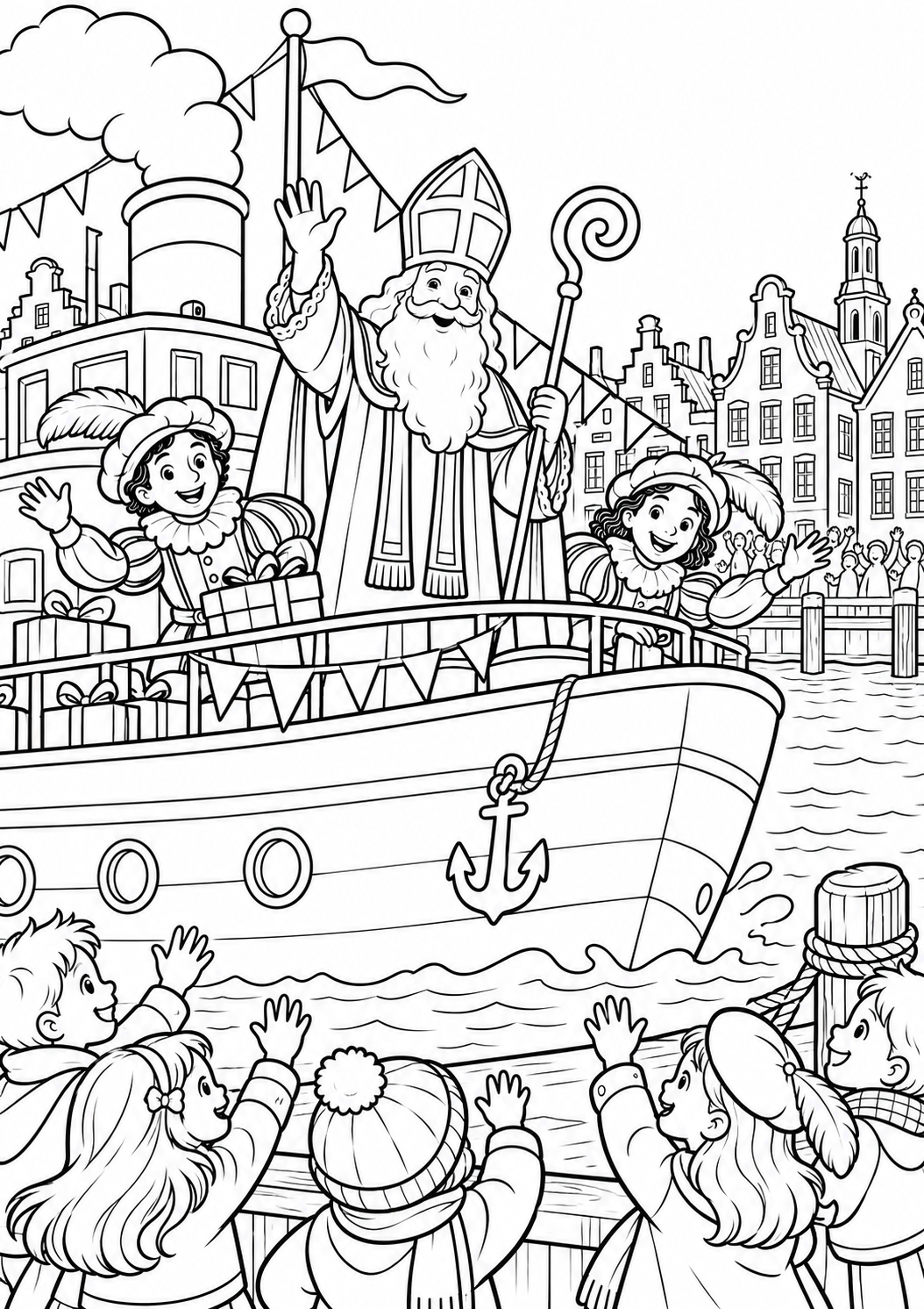 Intocht met de stoomboot — zwart-wit kleurplaat