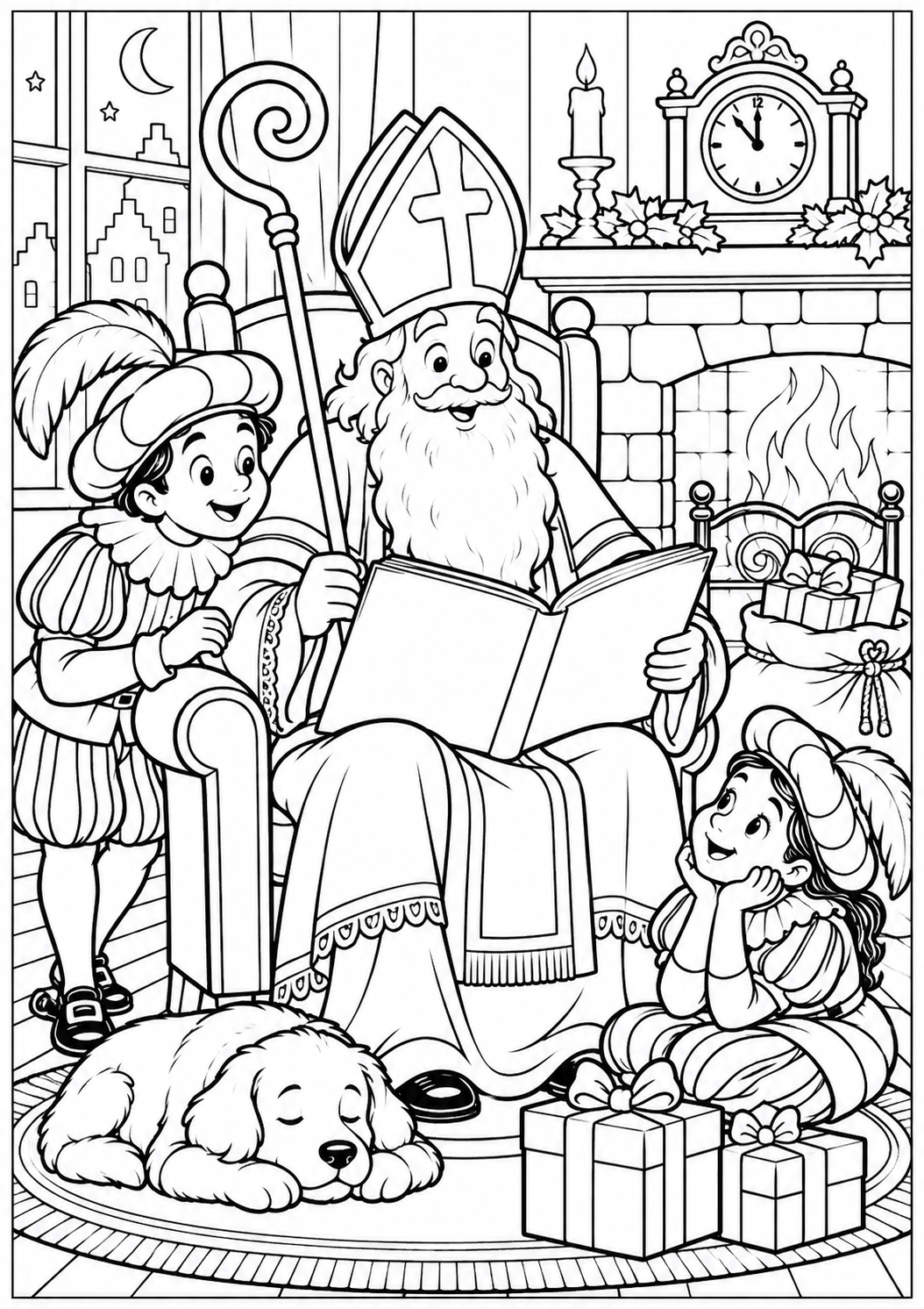 Sinterklaas leest zijn boek — zwart-wit kleurplaat