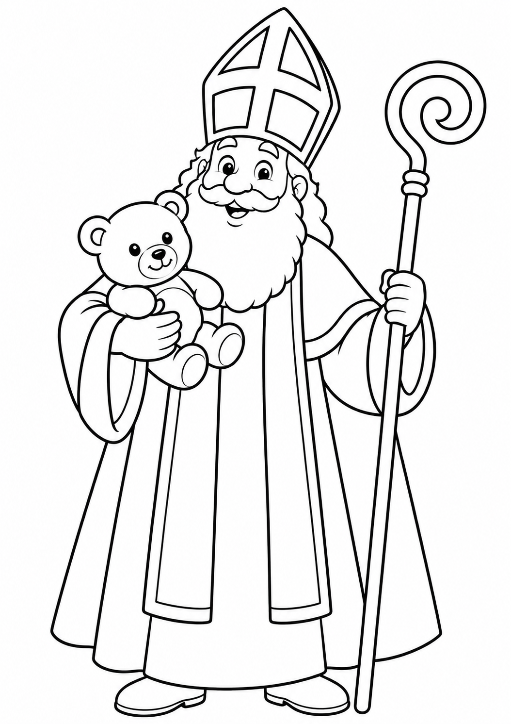 Sinterklaas met de beer — zwart-wit kleurplaat