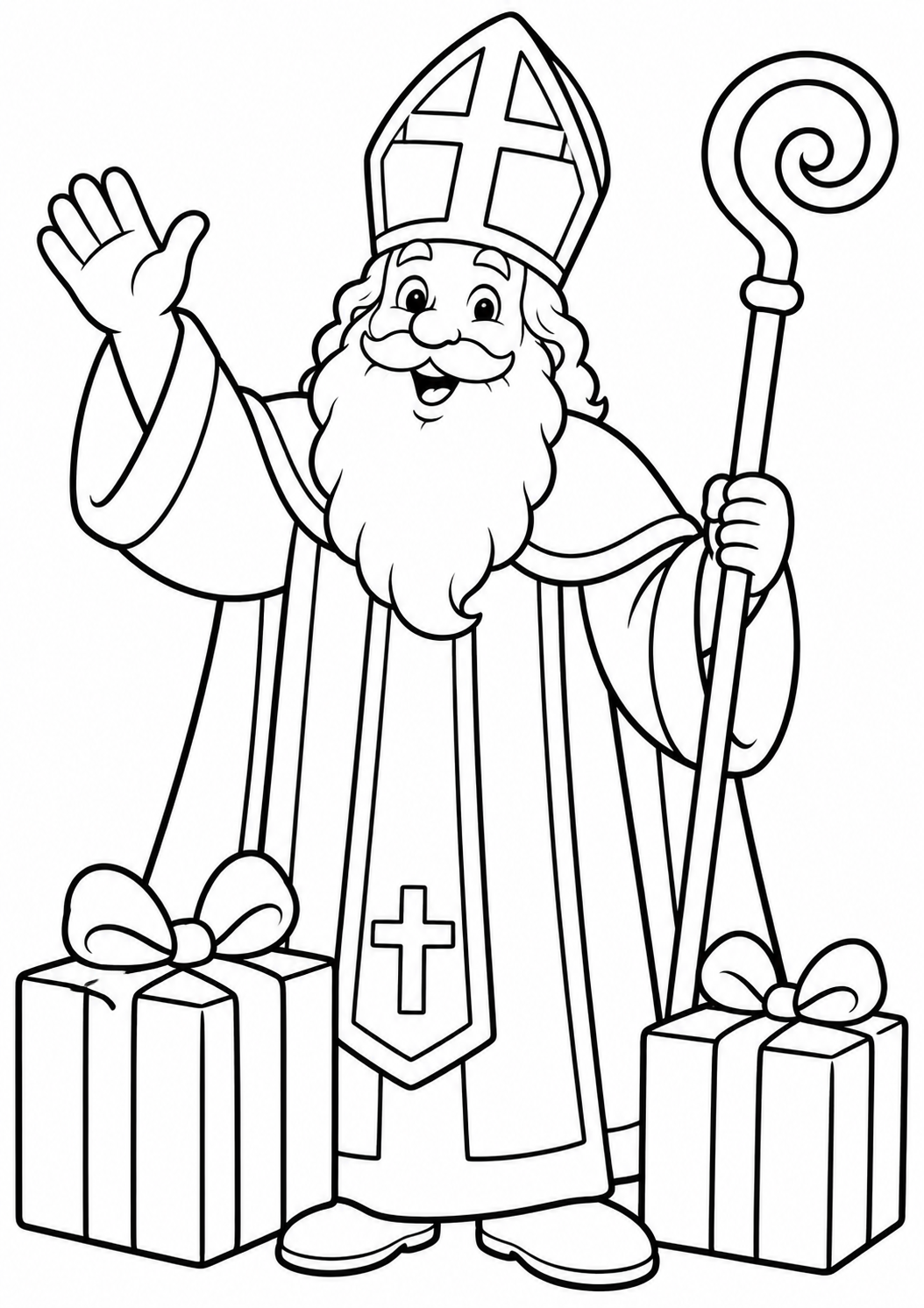 Sinterklaas met zijn staf — zwart-wit kleurplaat