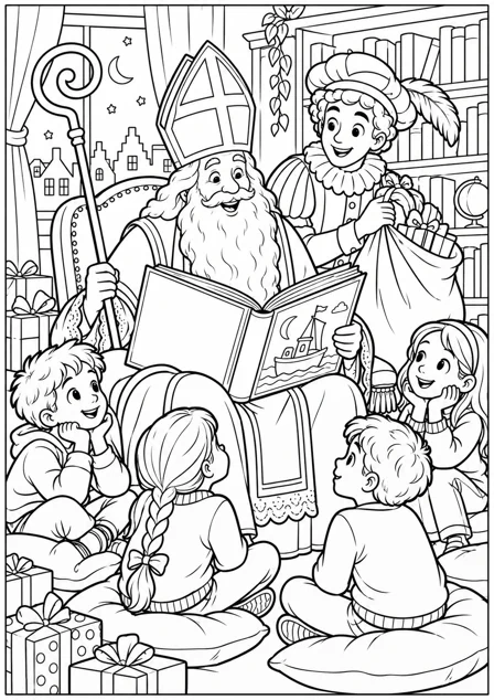 Het feest in de bibliotheek — kleurplaat om te printen