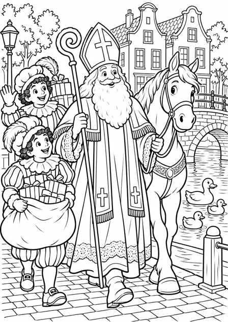 Sinterklaas bij de gracht — kleurplaat om te printen