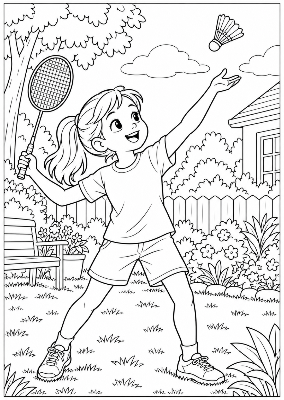 Badminton in de tuin — Meer details — zwart-wit kleurplaat