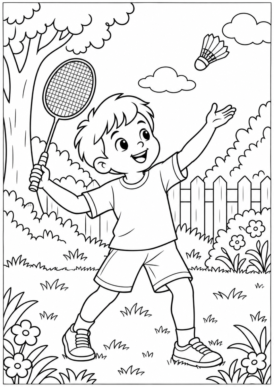 Badminton in de tuin — Grote kleurvlakken — zwart-wit kleurplaat