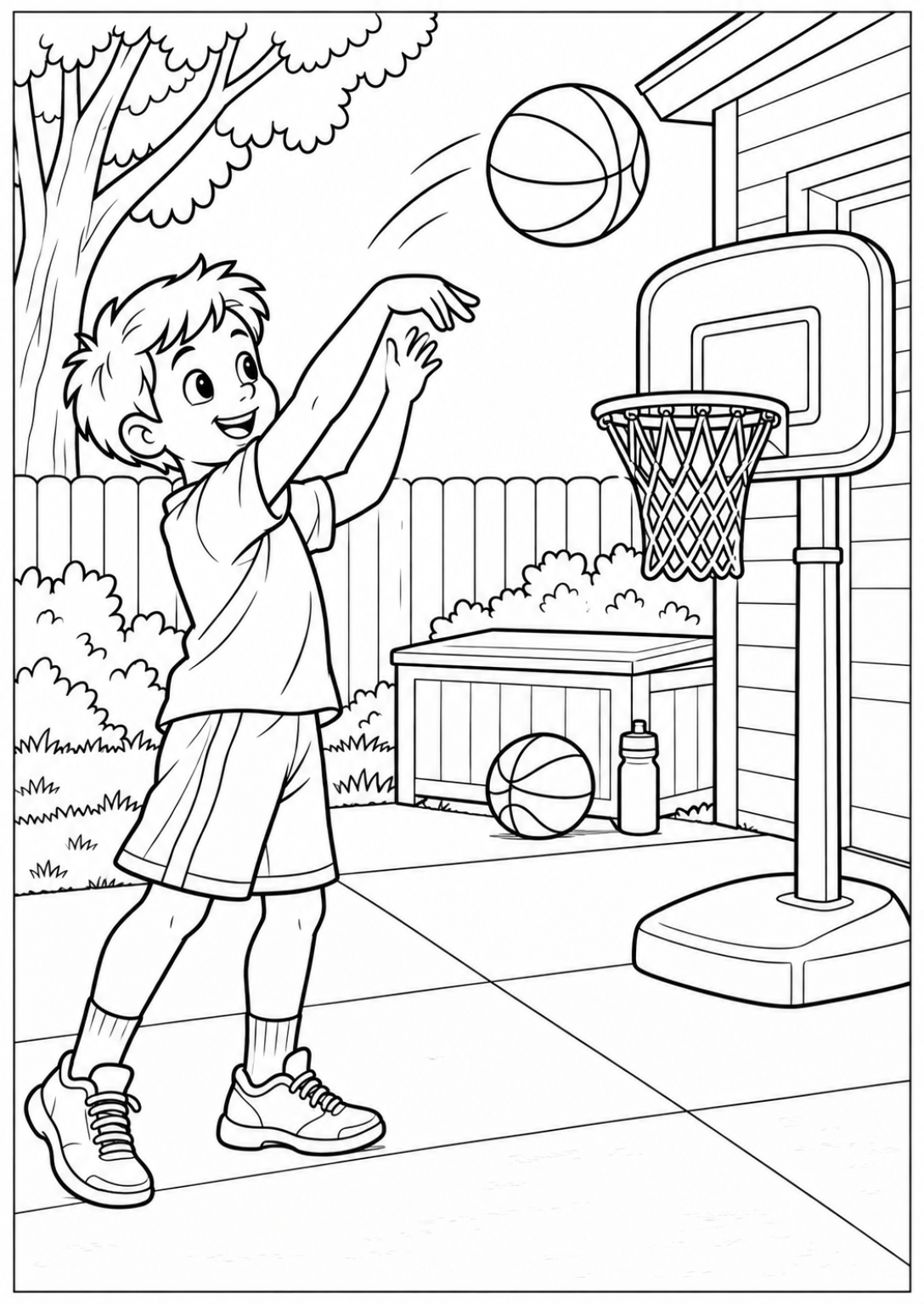 Basketbal bij de ring — Meer details — zwart-wit kleurplaat