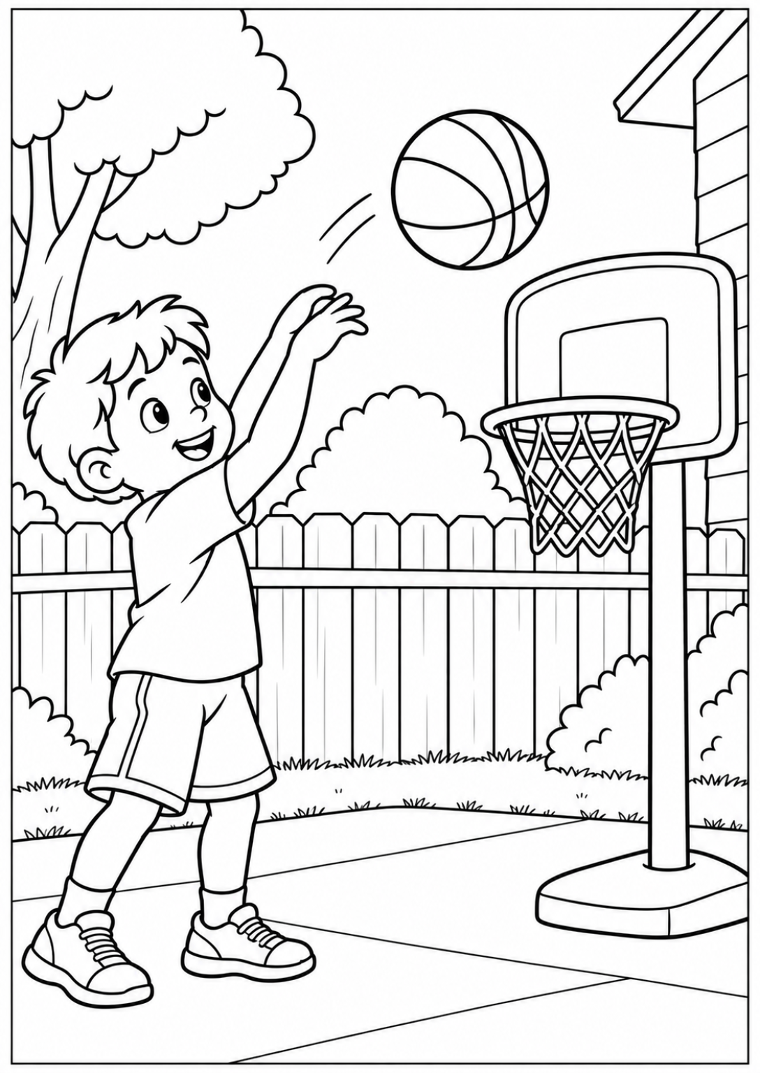 Basketbal bij de ring — Grote kleurvlakken — kleurplaat om te printen