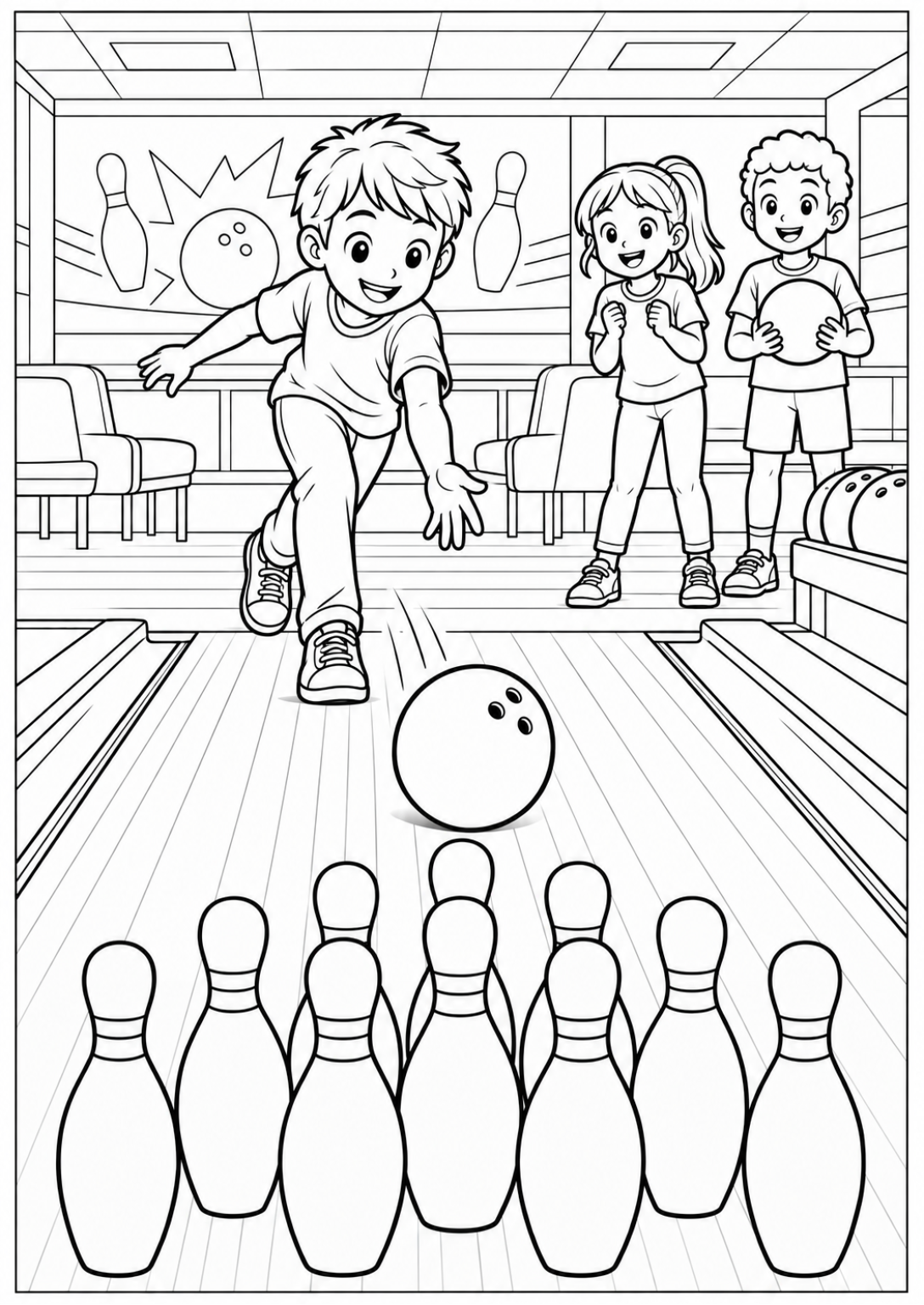 Bowlen met vrienden — Meer details — zwart-wit kleurplaat