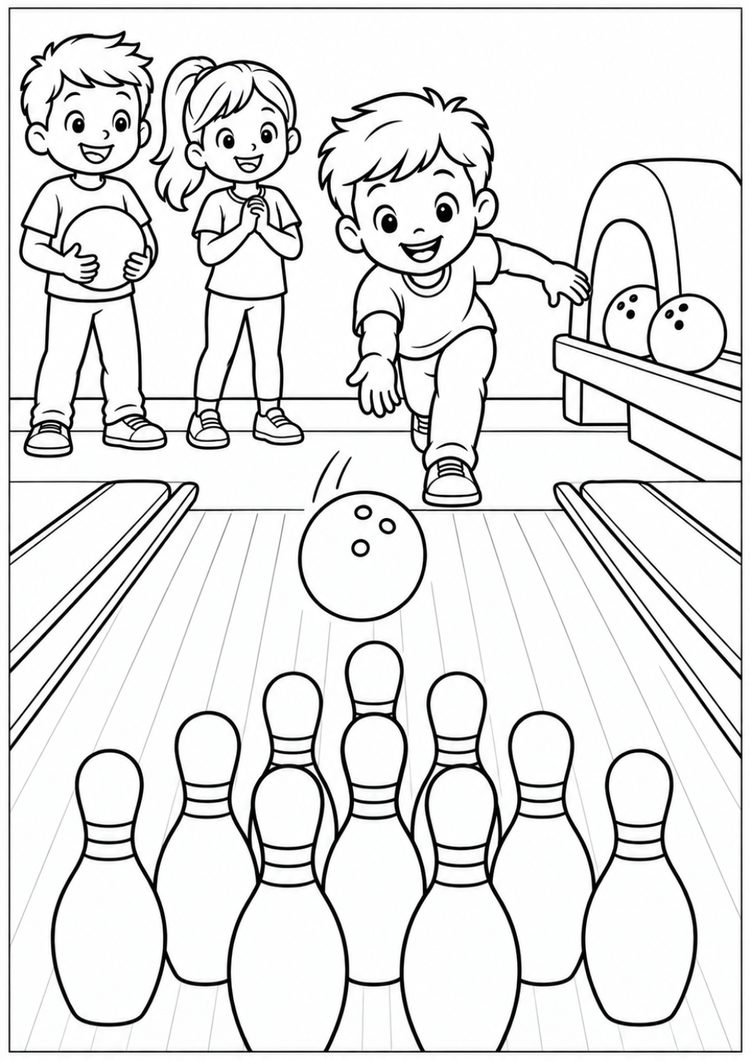 Bowlen met vrienden — Grote kleurvlakken — zwart-wit kleurplaat