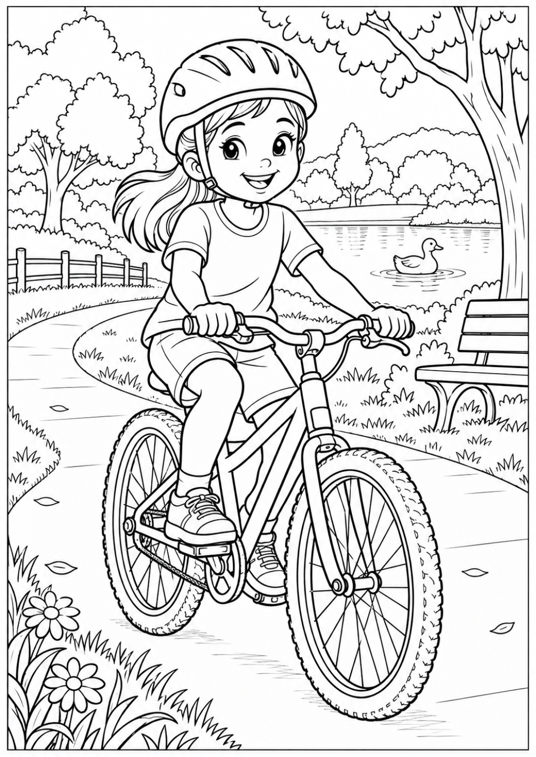 Fietsen op het pad — Meer details — zwart-wit kleurplaat