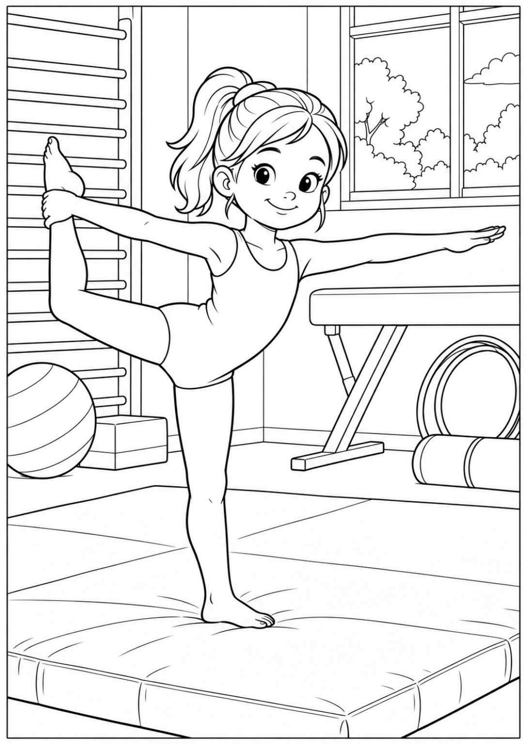 Gymmen op de mat — Meer details — zwart-wit kleurplaat