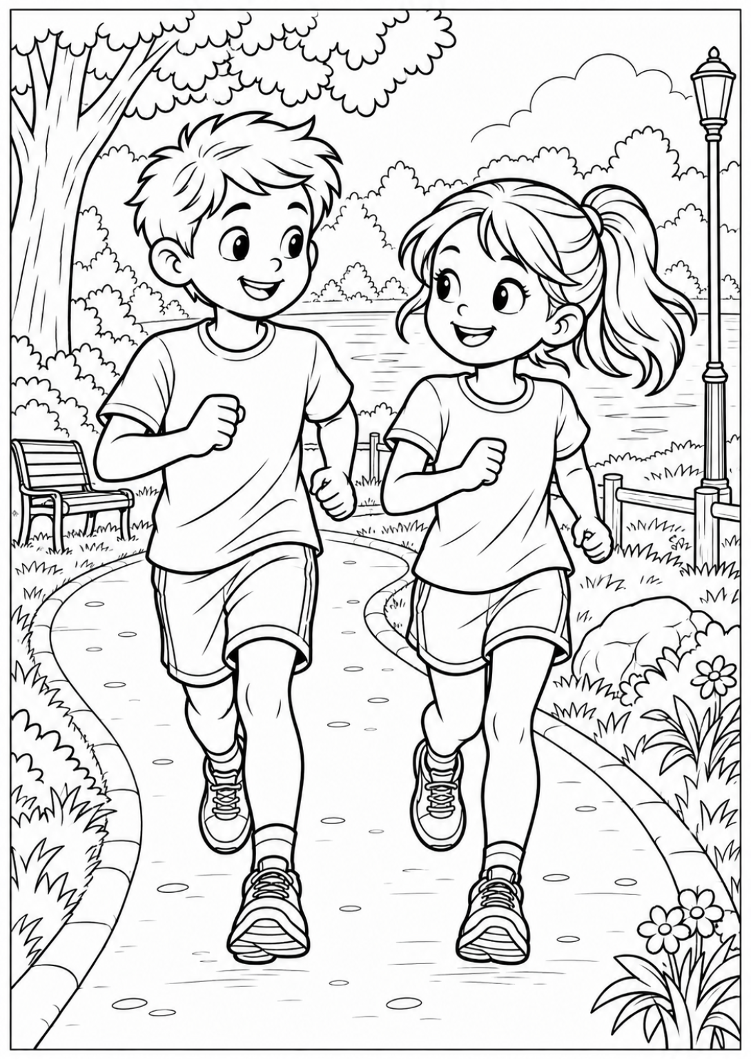 Hardlopen in het park — Meer details — zwart-wit kleurplaat