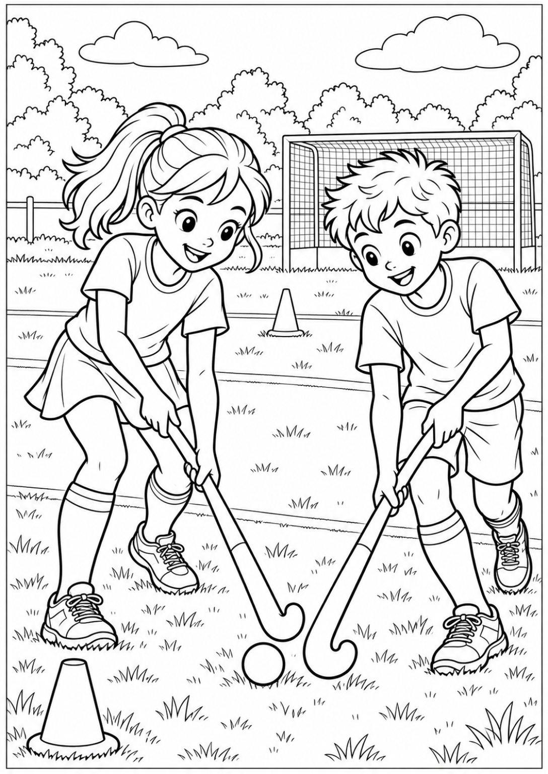Hockey op het veld — Meer details — zwart-wit kleurplaat