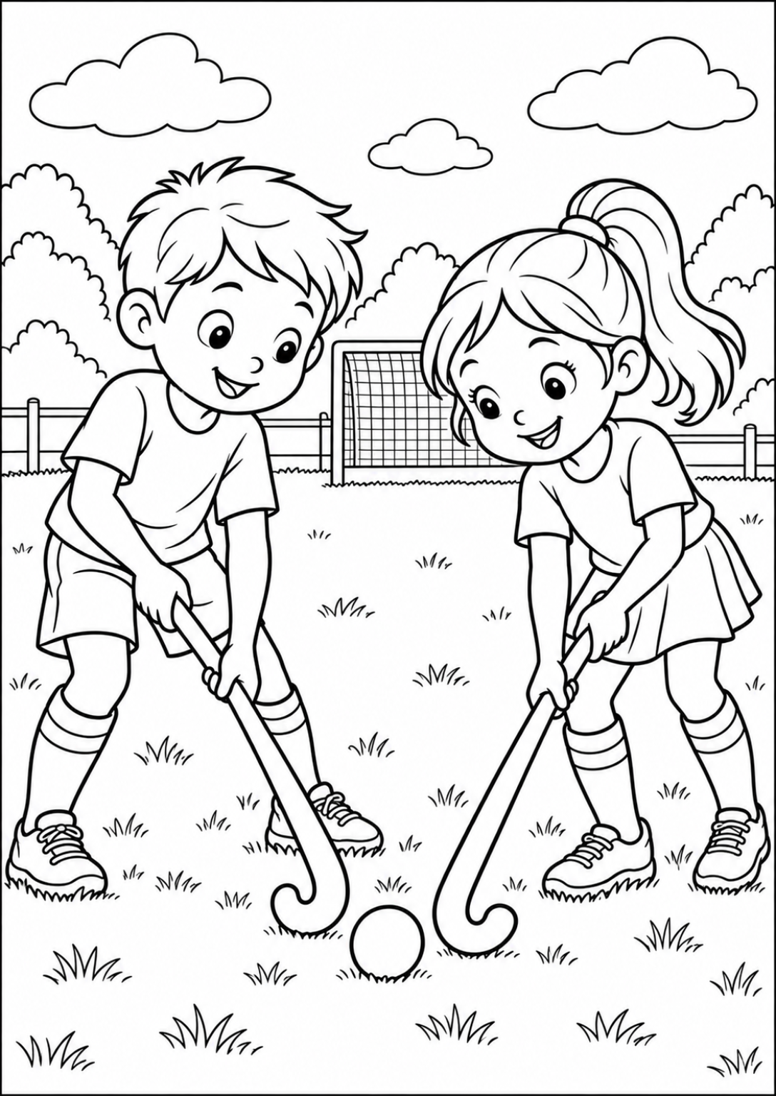 Hockey op het veld — Grote kleurvlakken — zwart-wit kleurplaat