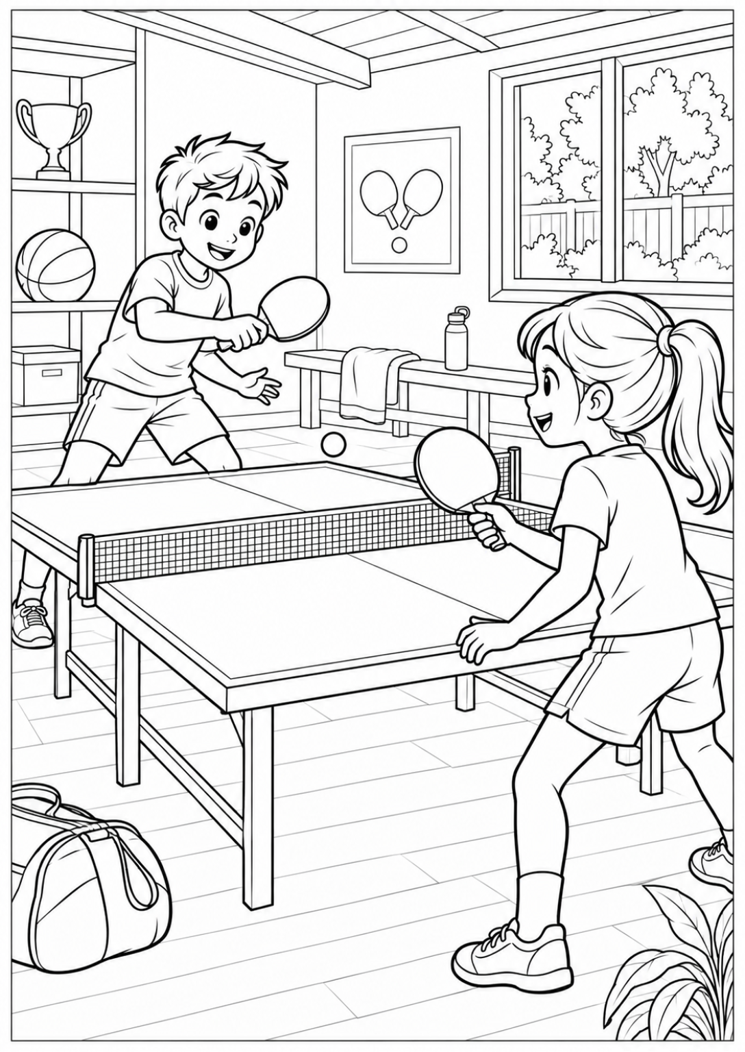 Samen tafeltennissen — Meer details — zwart-wit kleurplaat