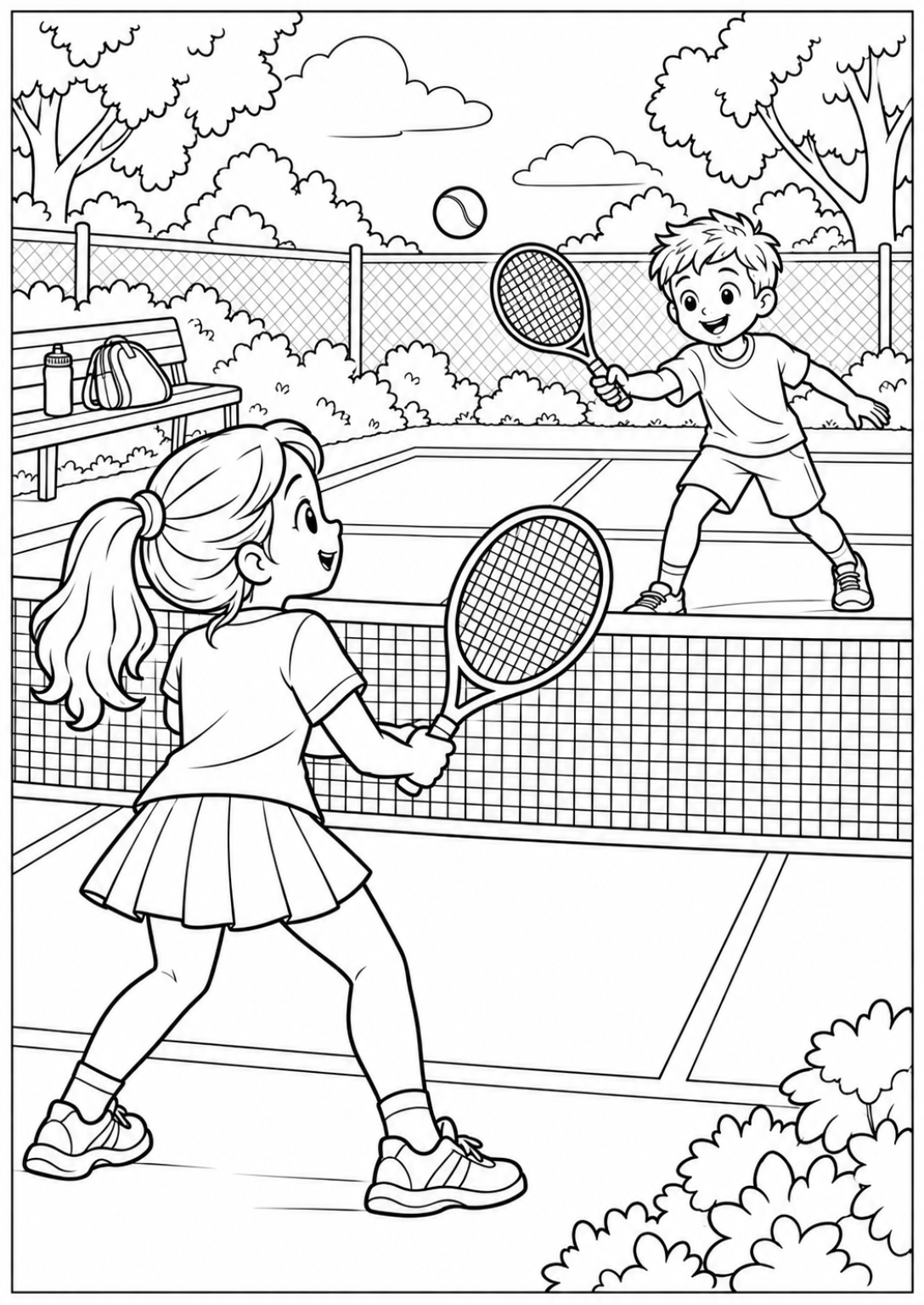 Tennissen met een vriend — Meer details — zwart-wit kleurplaat