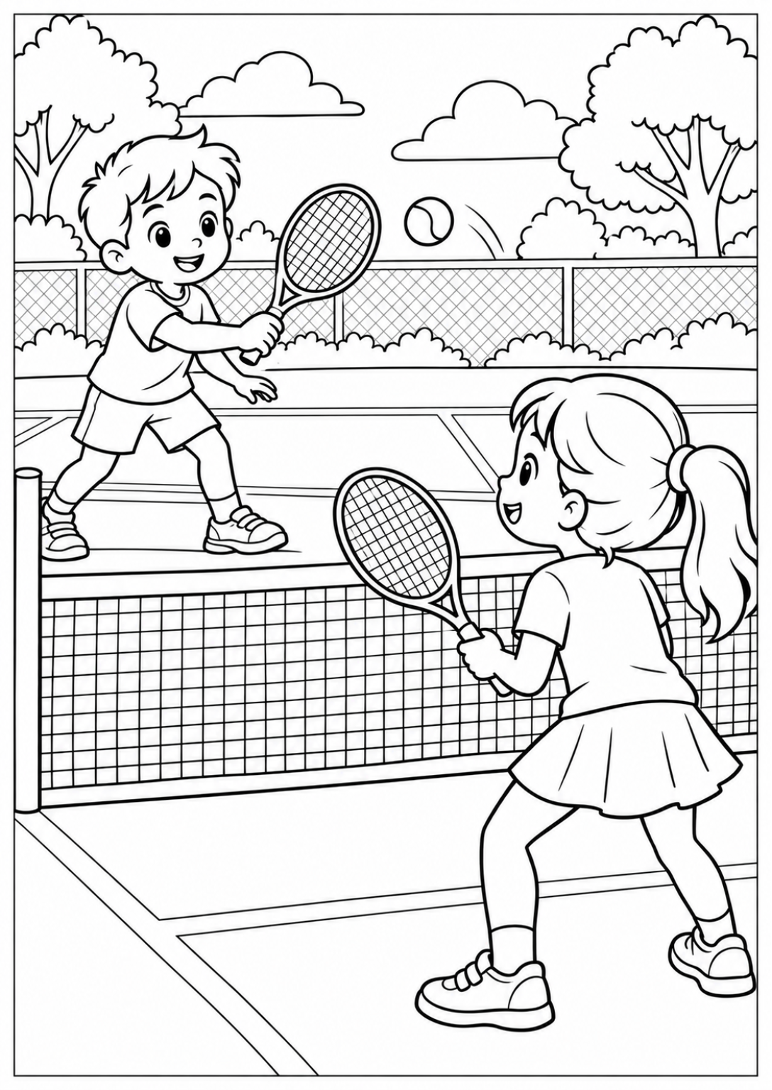 Tennissen met een vriend — Grote kleurvlakken — kleurplaat om te printen