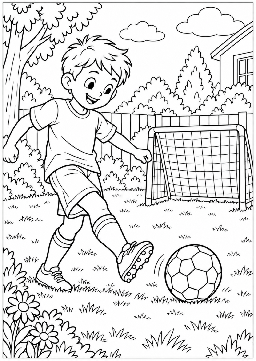 Voetballen in de tuin — Meer details — zwart-wit kleurplaat