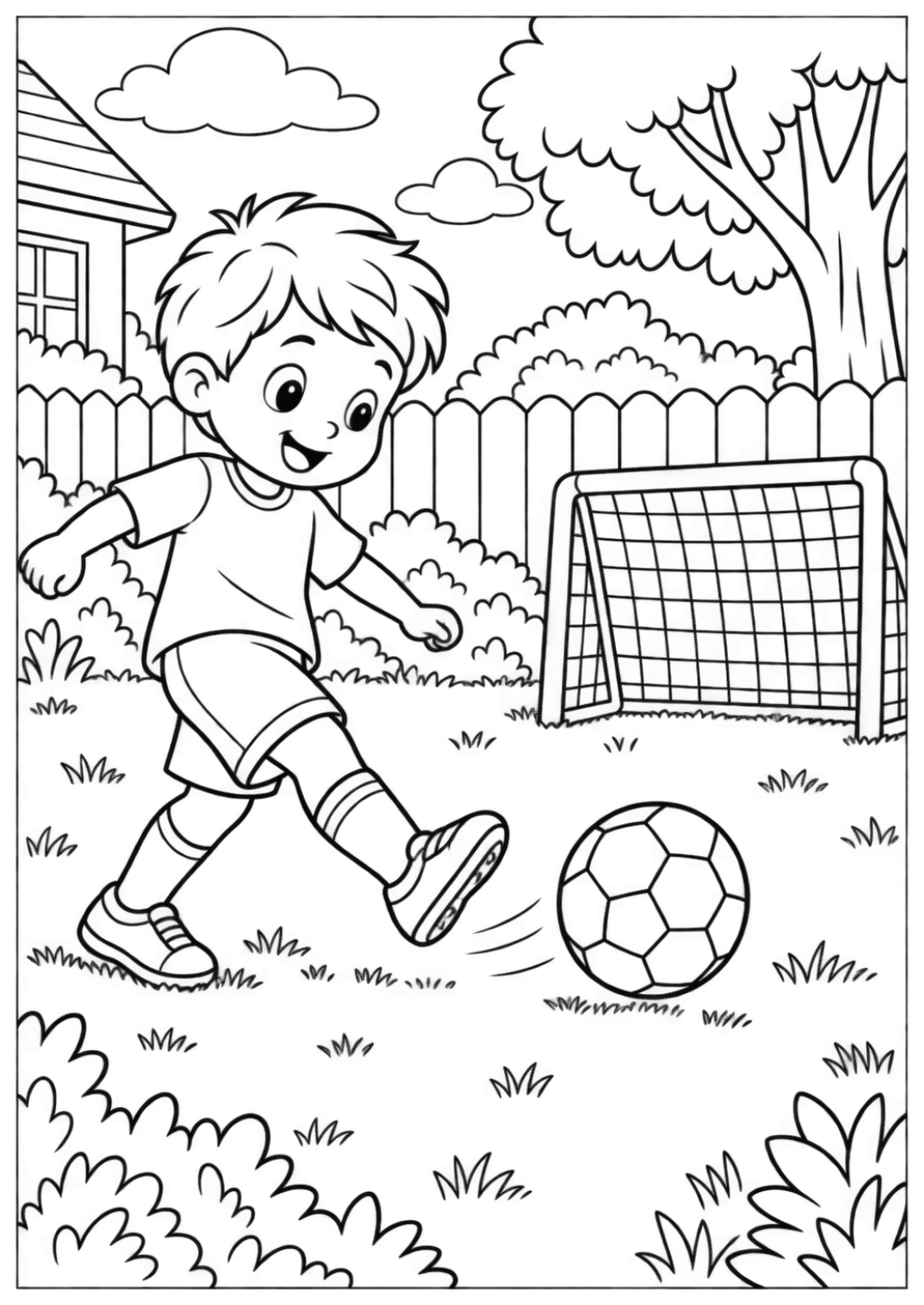 Voetballen in de tuin — Grote kleurvlakken — zwart-wit kleurplaat