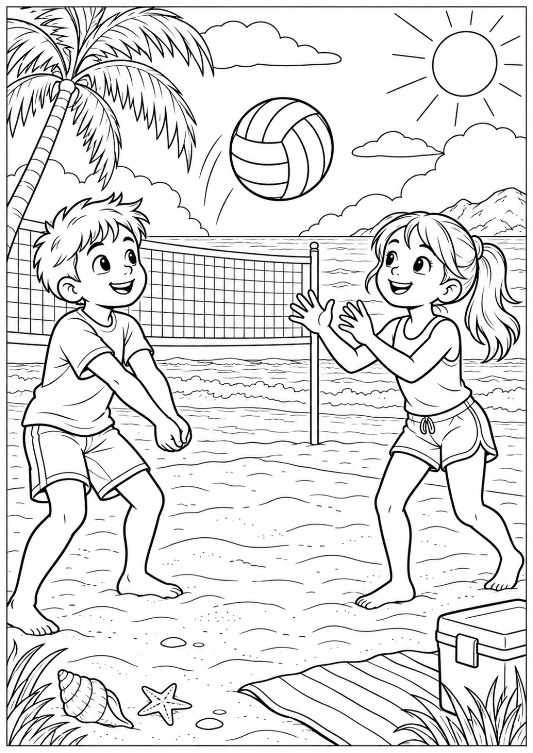 Volleybal op het strand — Meer details — zwart-wit kleurplaat