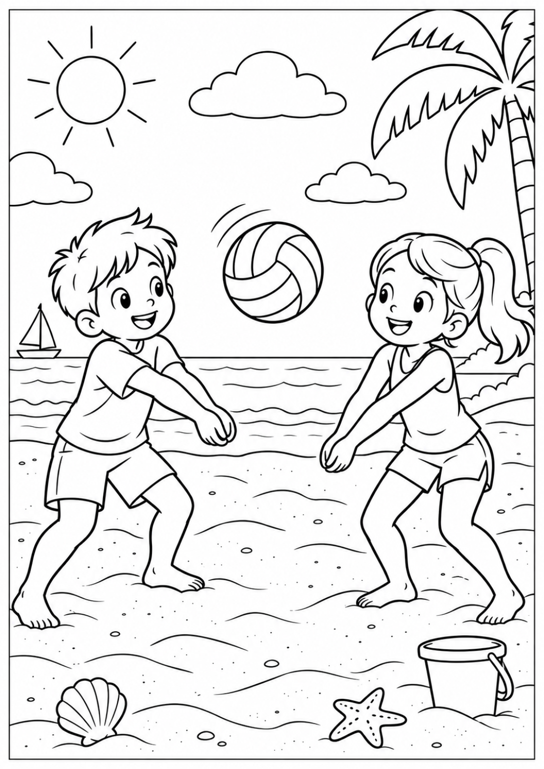 Volleybal op het strand — Grote kleurvlakken — zwart-wit kleurplaat