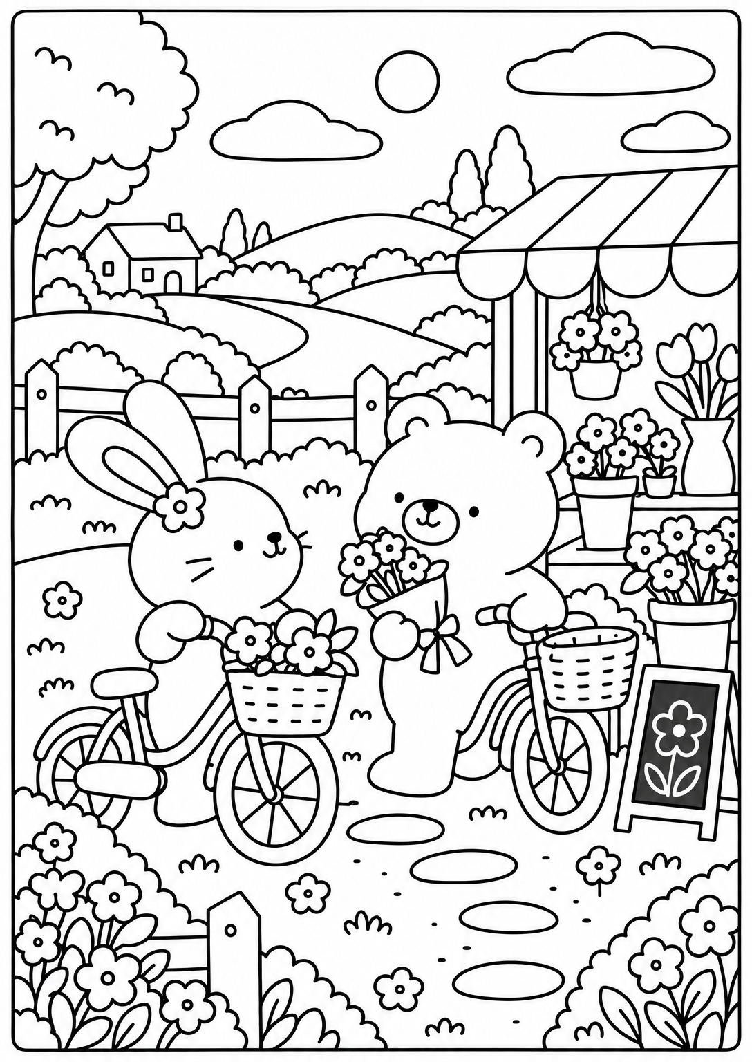 Met de fiets naar de bloemenkraam — kleurplaat voor volwassenen