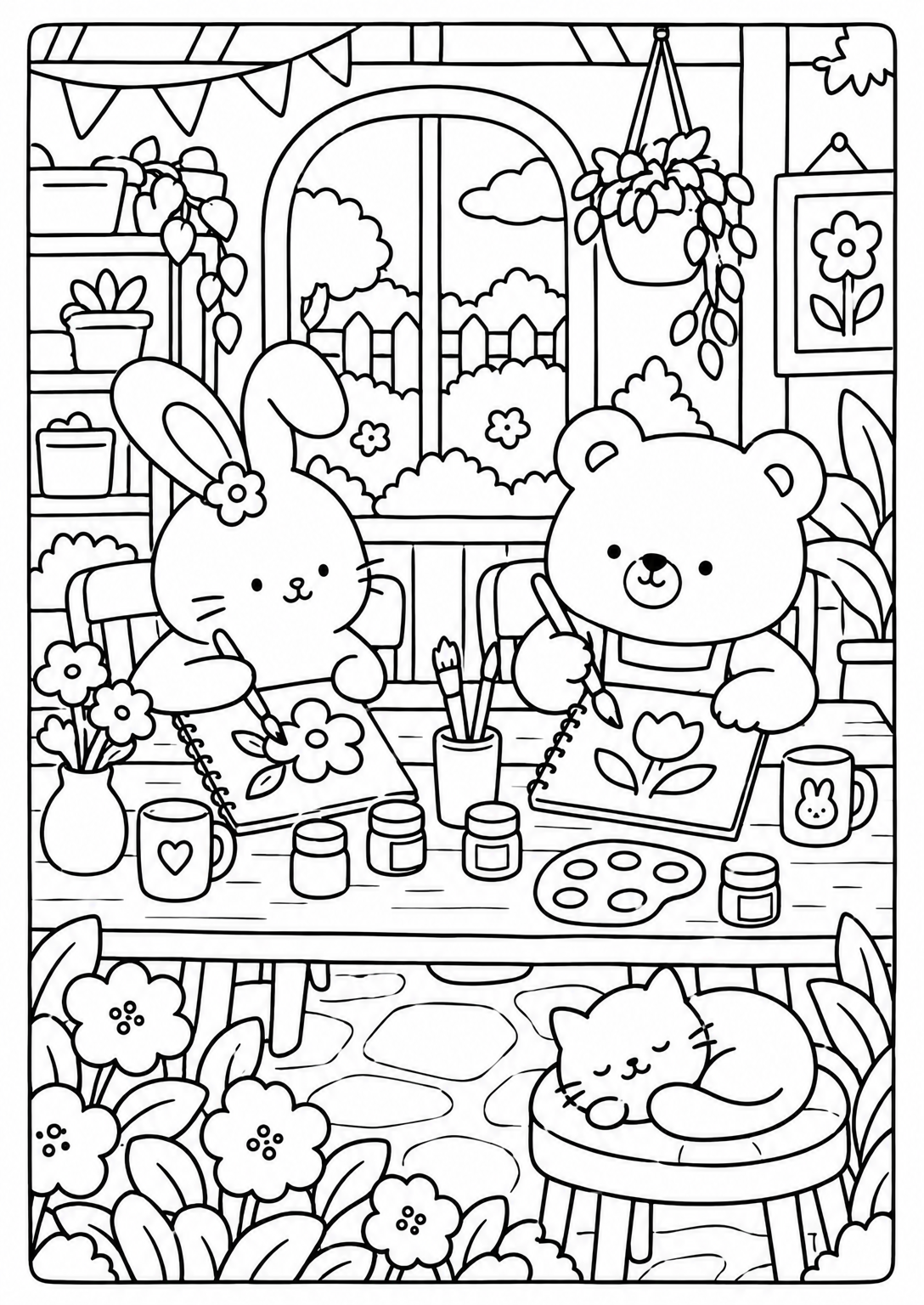 Samen schilderen in het tuinatelier — kleurplaat voor volwassenen