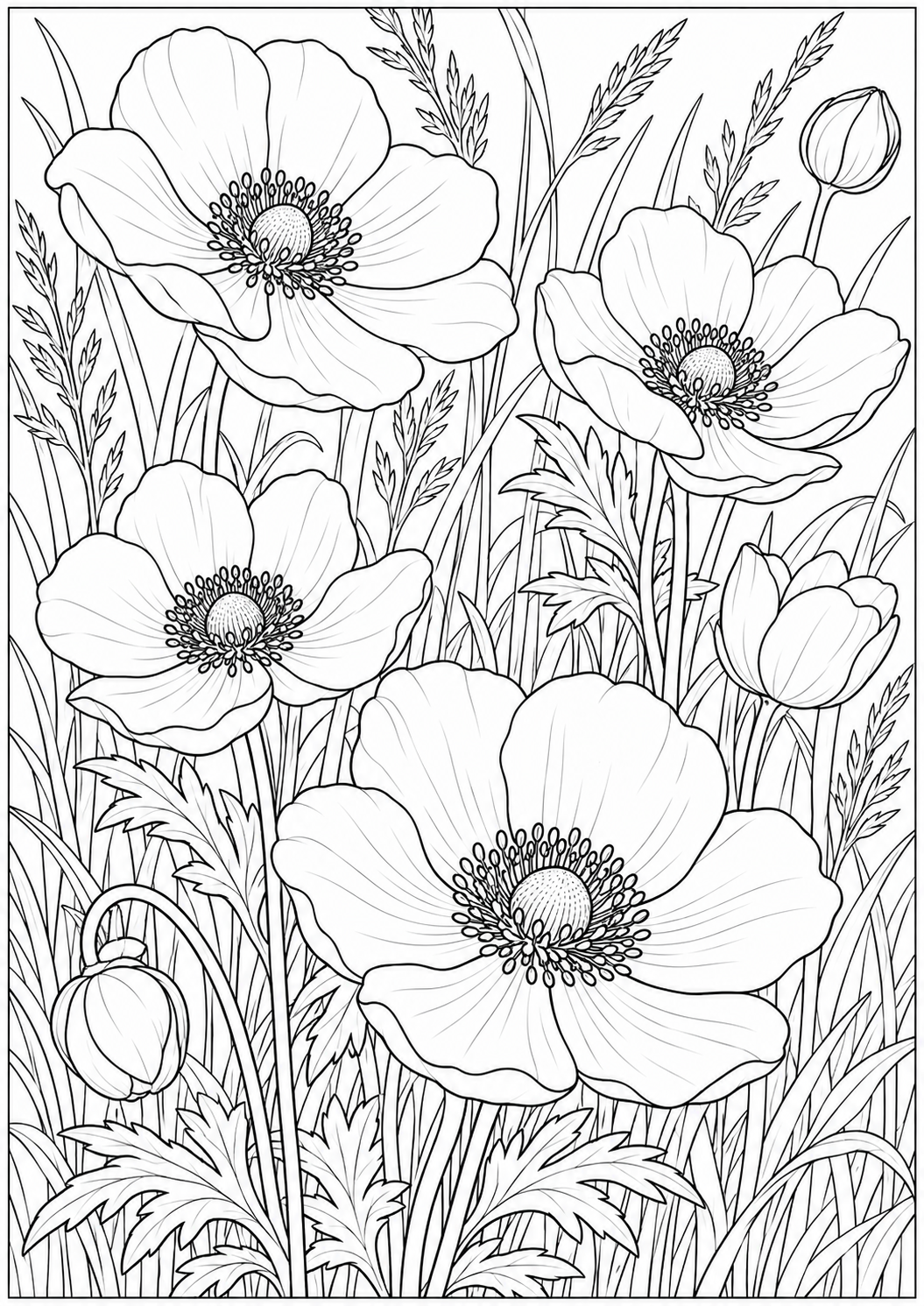 Anemonen tussen het gras — zwart-wit kleurplaat voor volwassenen