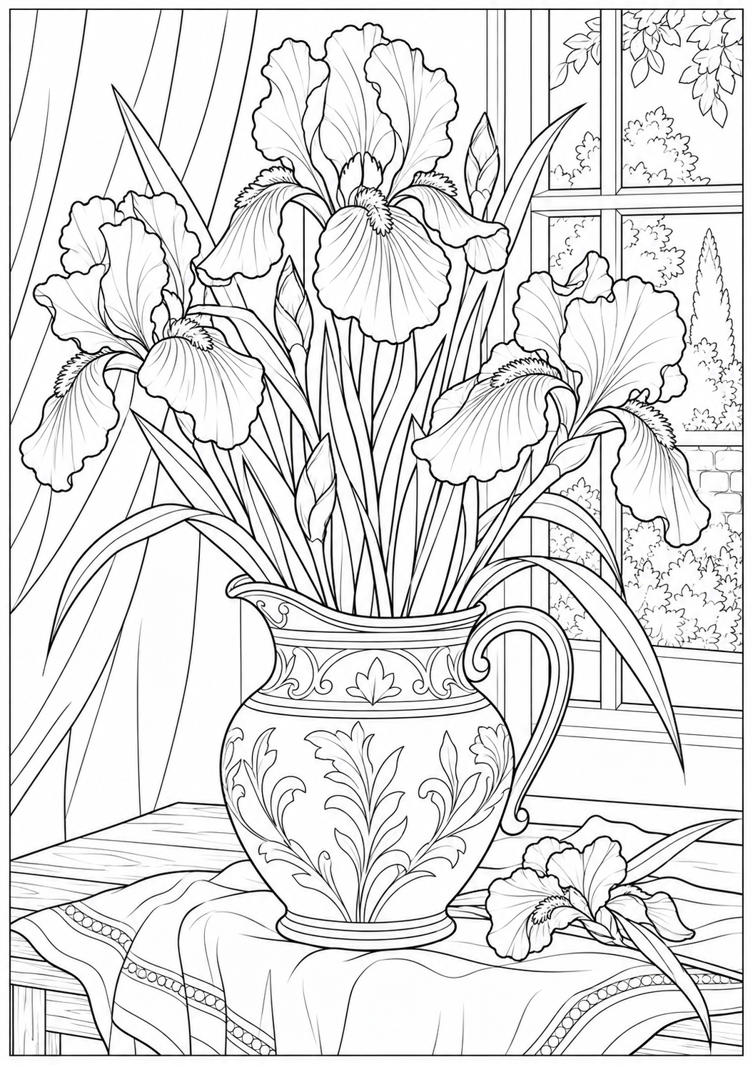 Bloemstilleven met irissen — zwart-wit kleurplaat voor volwassenen