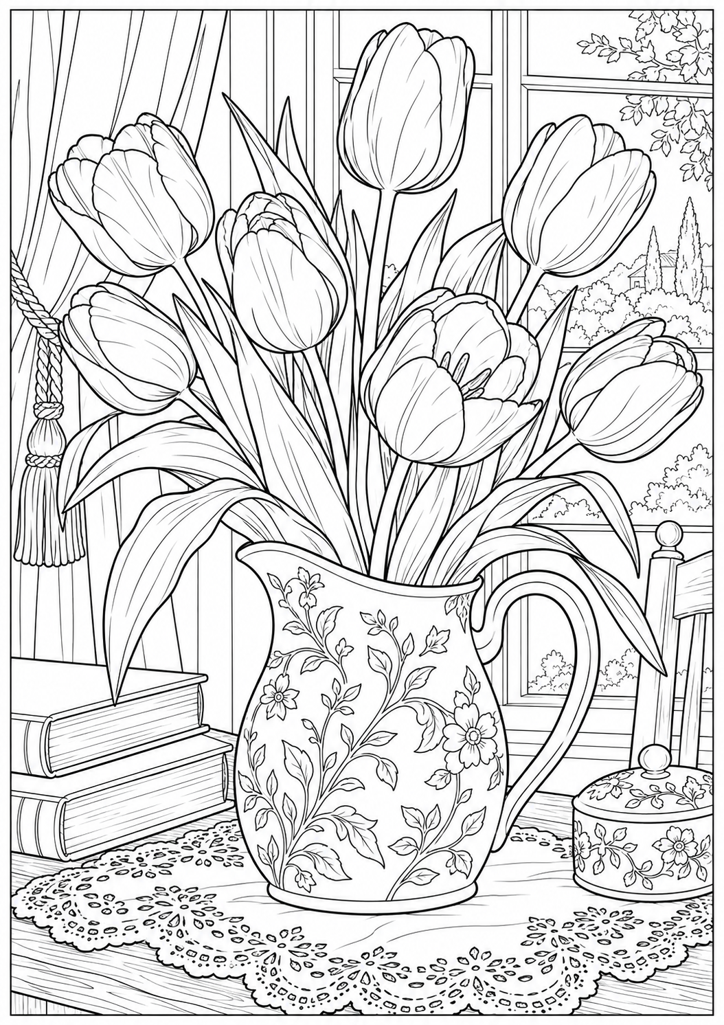 Bloemstilleven met tulpen — zwart-wit kleurplaat voor volwassenen