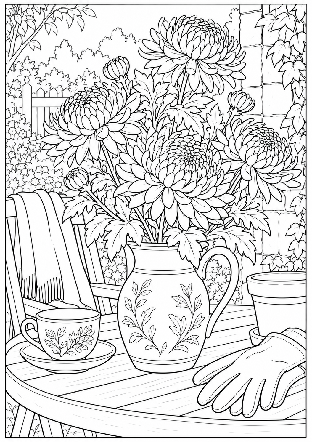 Chrysanten op de tuintafel — zwart-wit kleurplaat voor volwassenen