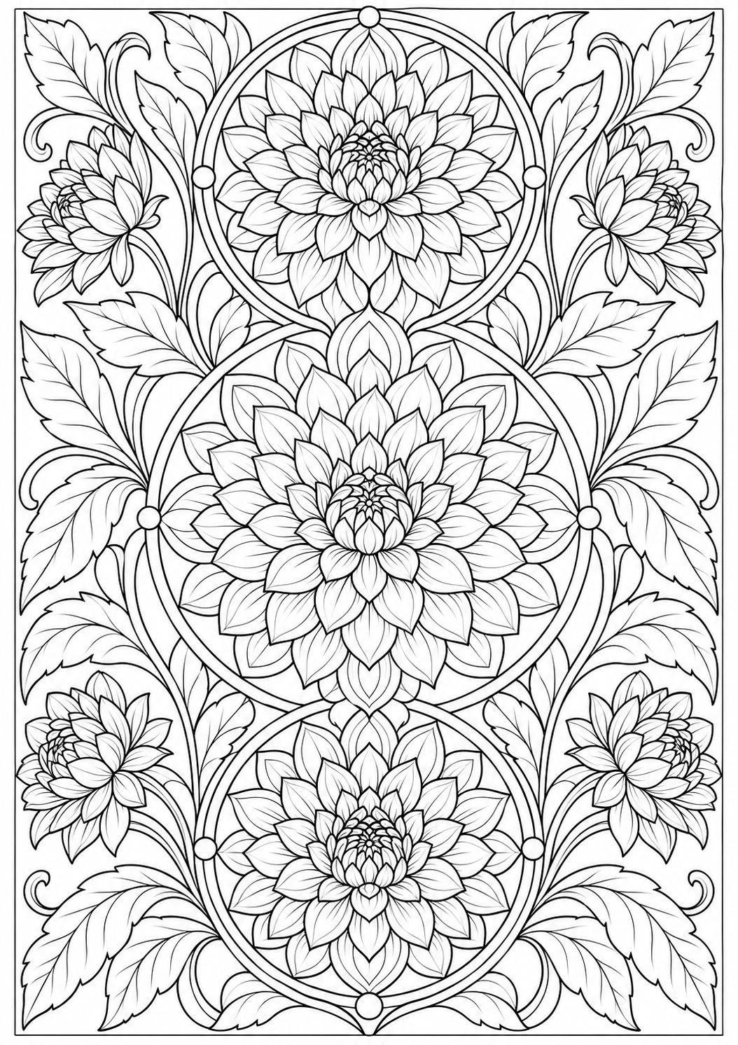 Dahlia met bloemenmedaillons — zwart-wit kleurplaat voor volwassenen