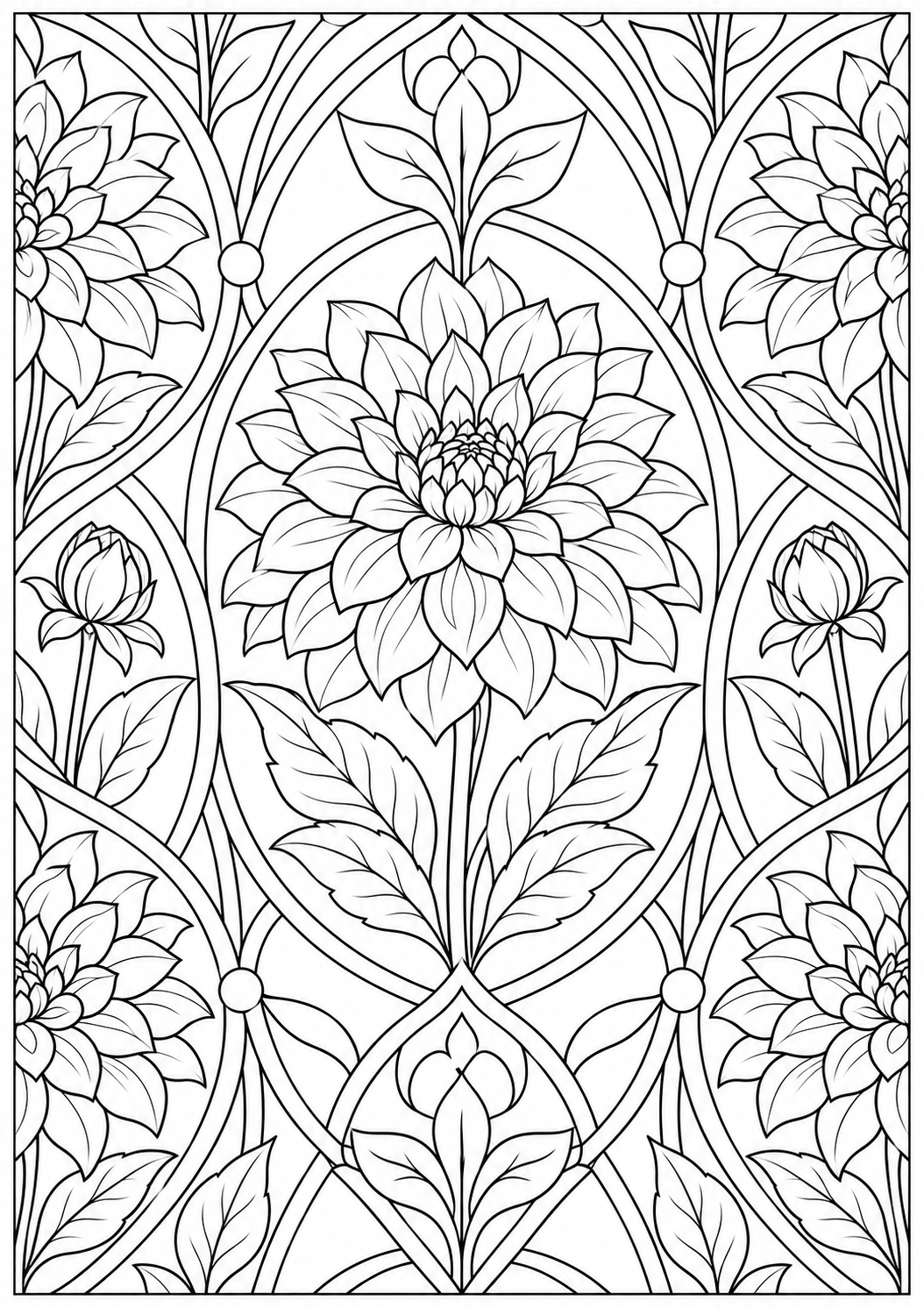 Dahlia met geometrische bogen — zwart-wit kleurplaat voor volwassenen