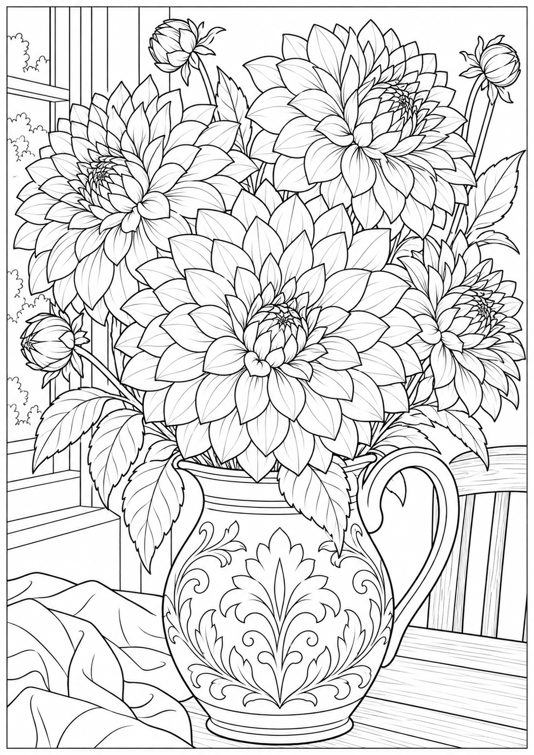Dahlia's in een vaas — zwart-wit kleurplaat voor volwassenen