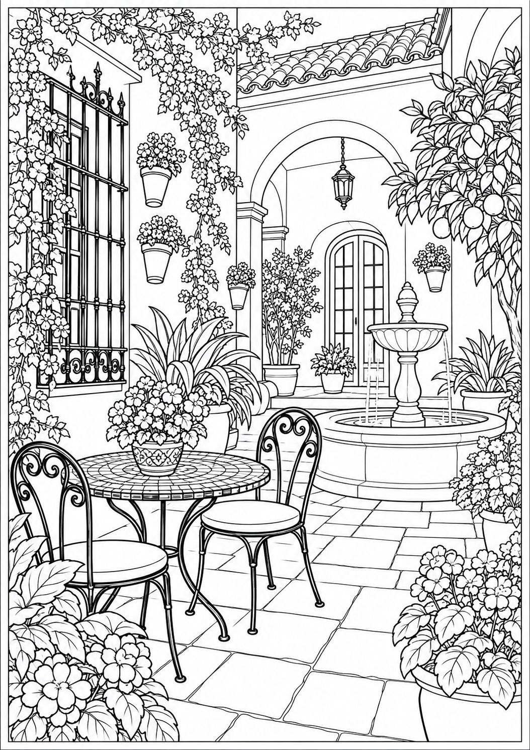 Een Andalusische patio — zwart-wit kleurplaat voor volwassenen