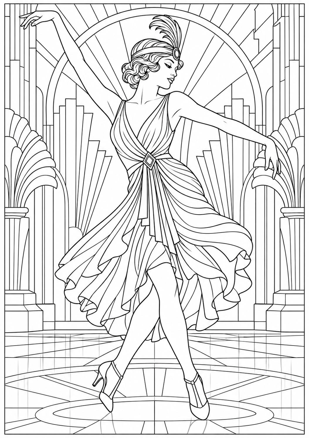 Een art-deco danseres — zwart-wit kleurplaat voor volwassenen