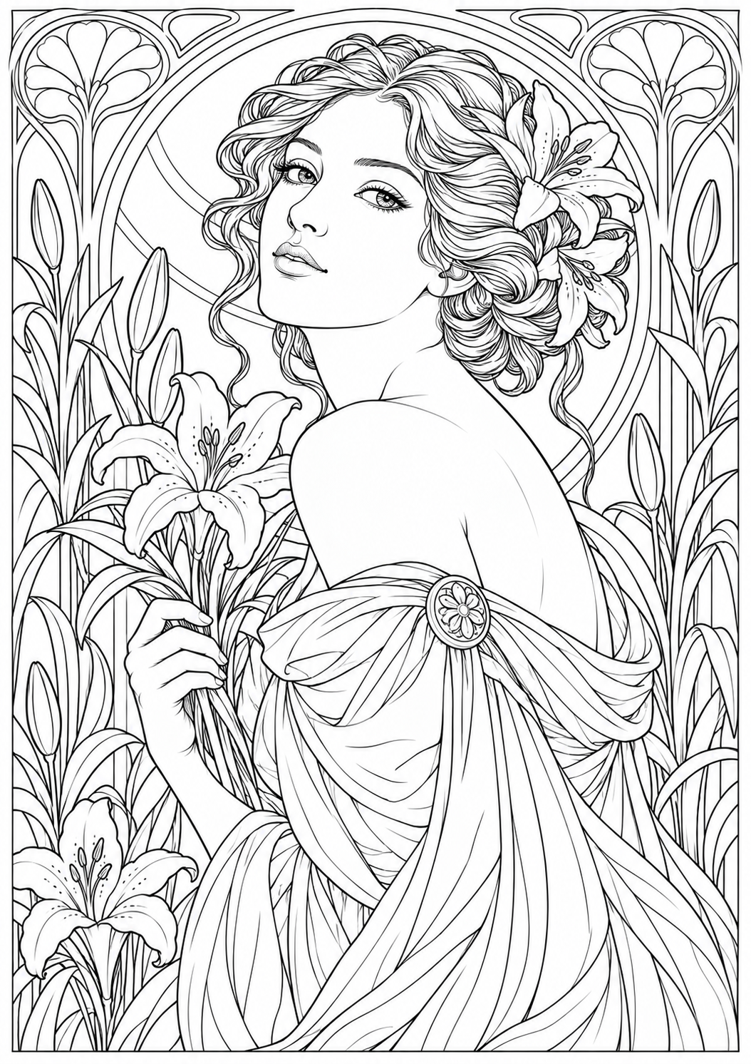 Een art-nouveau vrouw met lelies — zwart-wit kleurplaat voor volwassenen