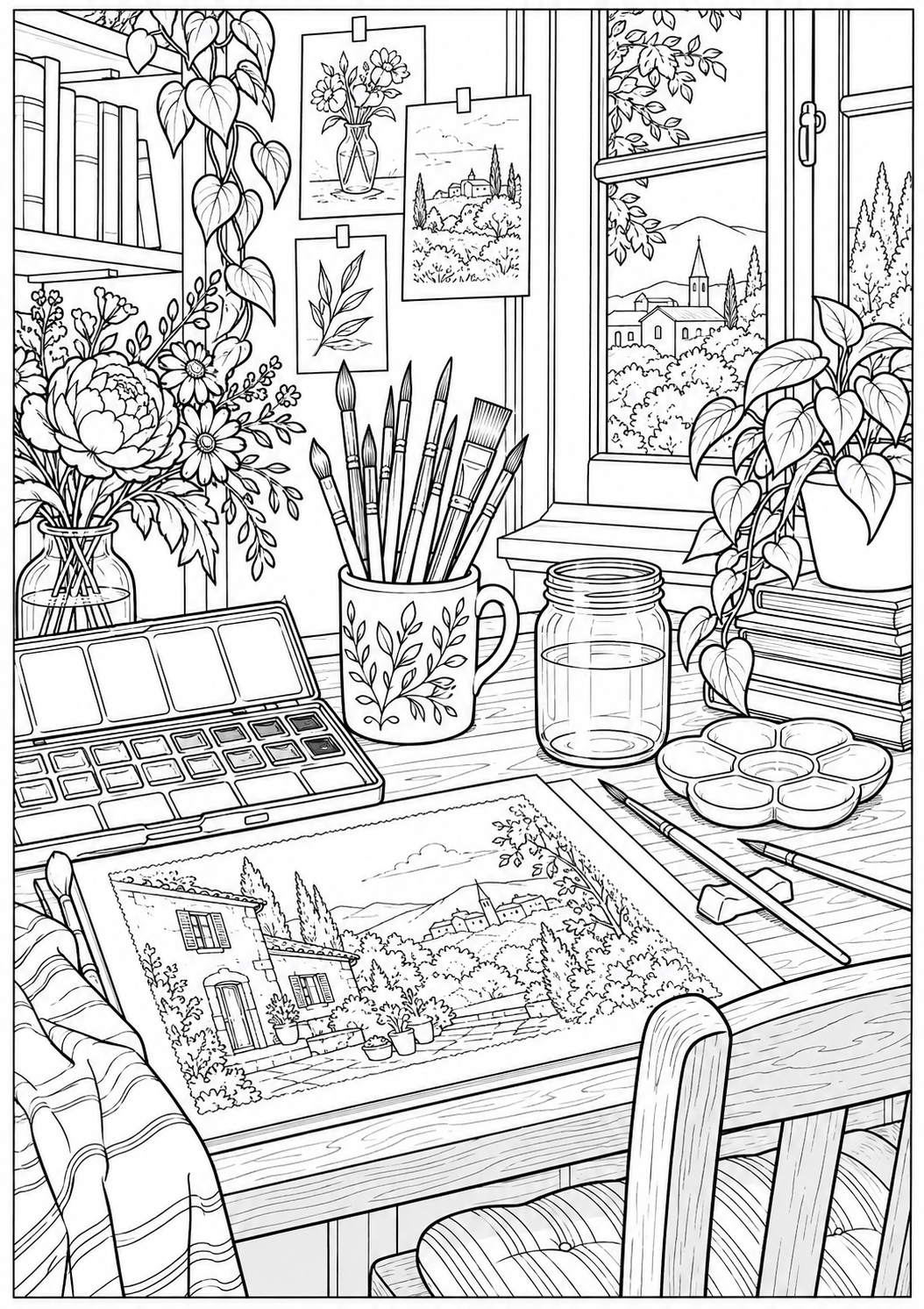 Een atelier met aquarelspullen — zwart-wit kleurplaat voor volwassenen