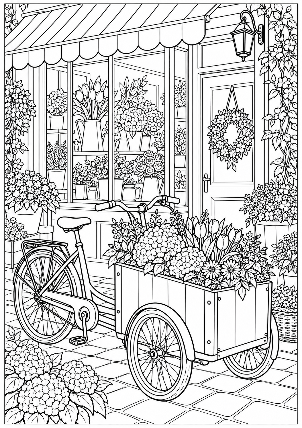 Een bakfiets bij de bloemenwinkel — zwart-wit kleurplaat voor volwassenen