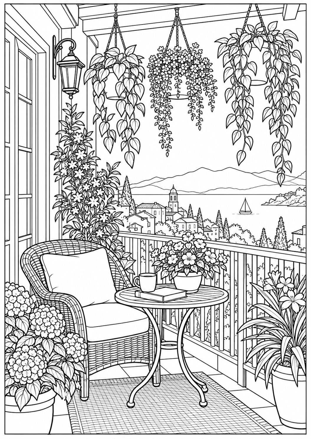 Een balkon met hangplanten — zwart-wit kleurplaat voor volwassenen