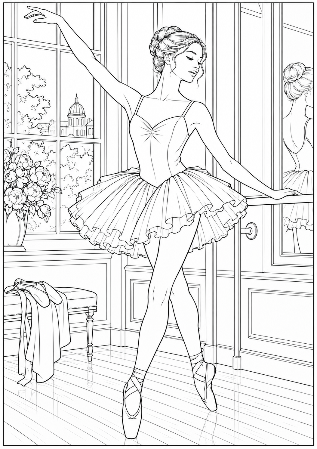 Een ballerina bij de barre — zwart-wit kleurplaat voor volwassenen