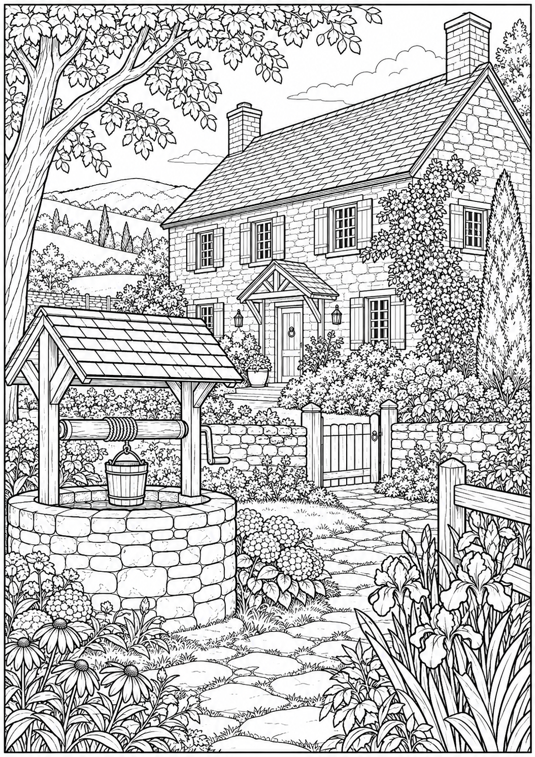 Een boerderij met een waterput — zwart-wit kleurplaat voor volwassenen
