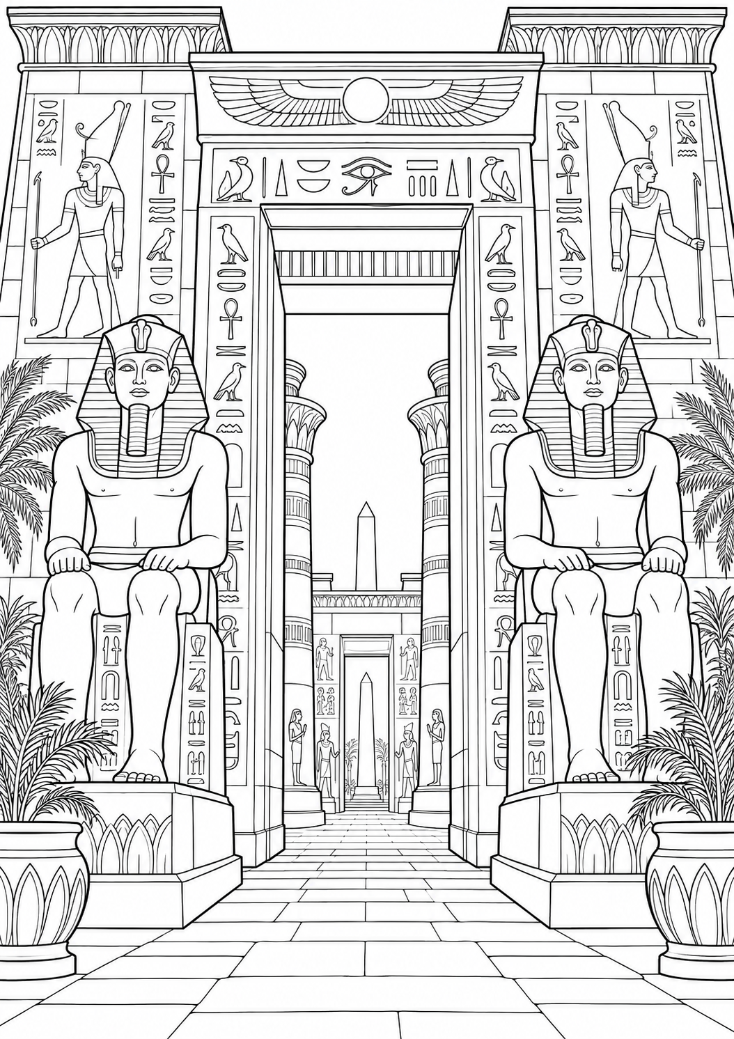 Een Egyptische tempelpoort — zwart-wit kleurplaat voor volwassenen