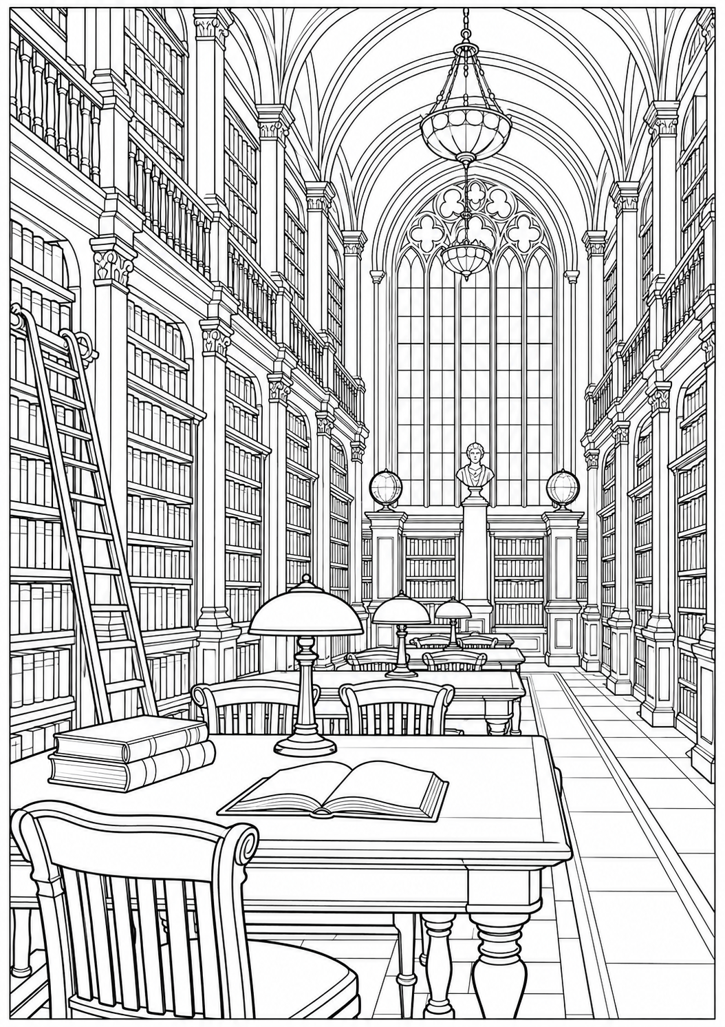 Een historische bibliotheekzaal — zwart-wit kleurplaat voor volwassenen